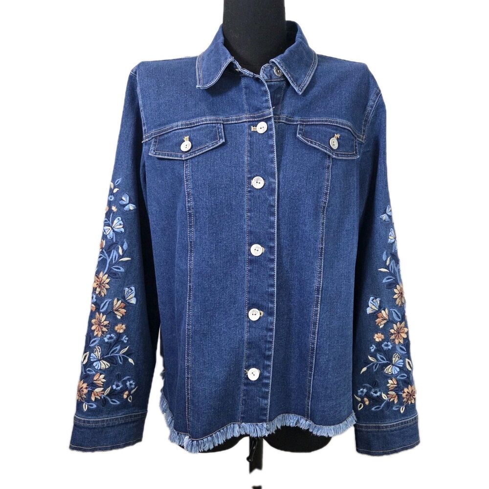 Alfred Dunner Women Blue Floral Denim Fringe Hem Jean Jacket Coat Sz Small